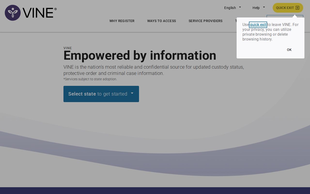 Alcorn County VINE inmate check state selection screen