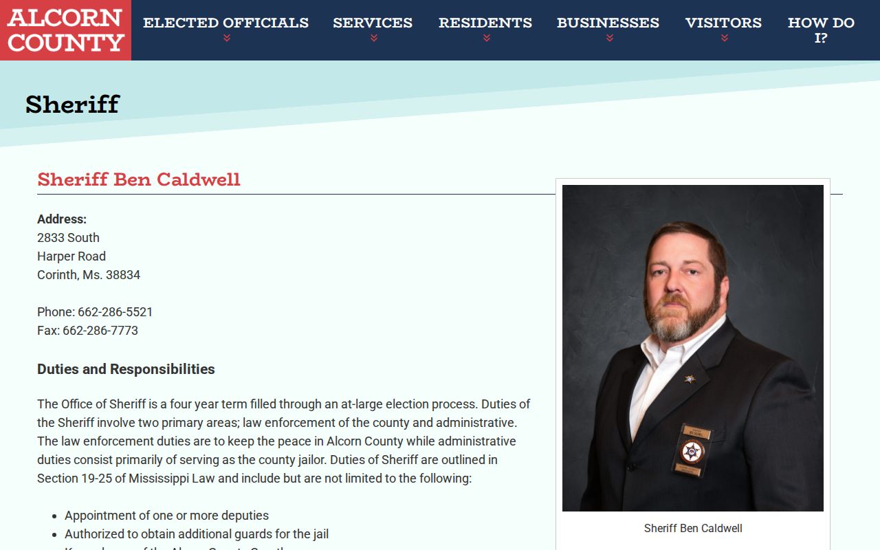 Official Alcorn County Sheriff page showing office identity and contact information